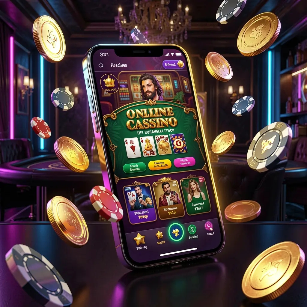 RM5555 online casino mobile app hero banner showing a modern smartphone with glowing casino interface, golden coins and poker chips flying around against a dark luxury background with neon accents