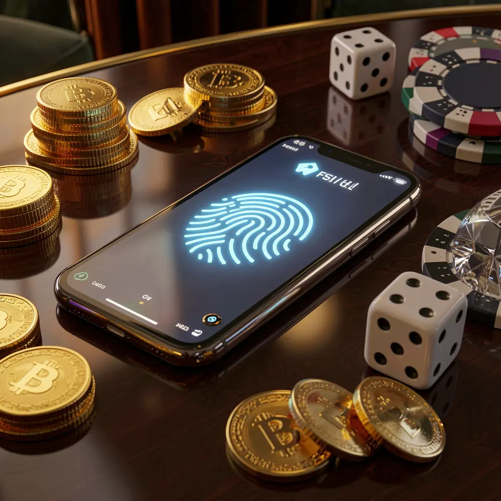 RM5555 online gaming account access scene featuring a smartphone with a glowing fingerprint icon, golden coins, dice, and poker chips on a glossy table under cinematic lighting
