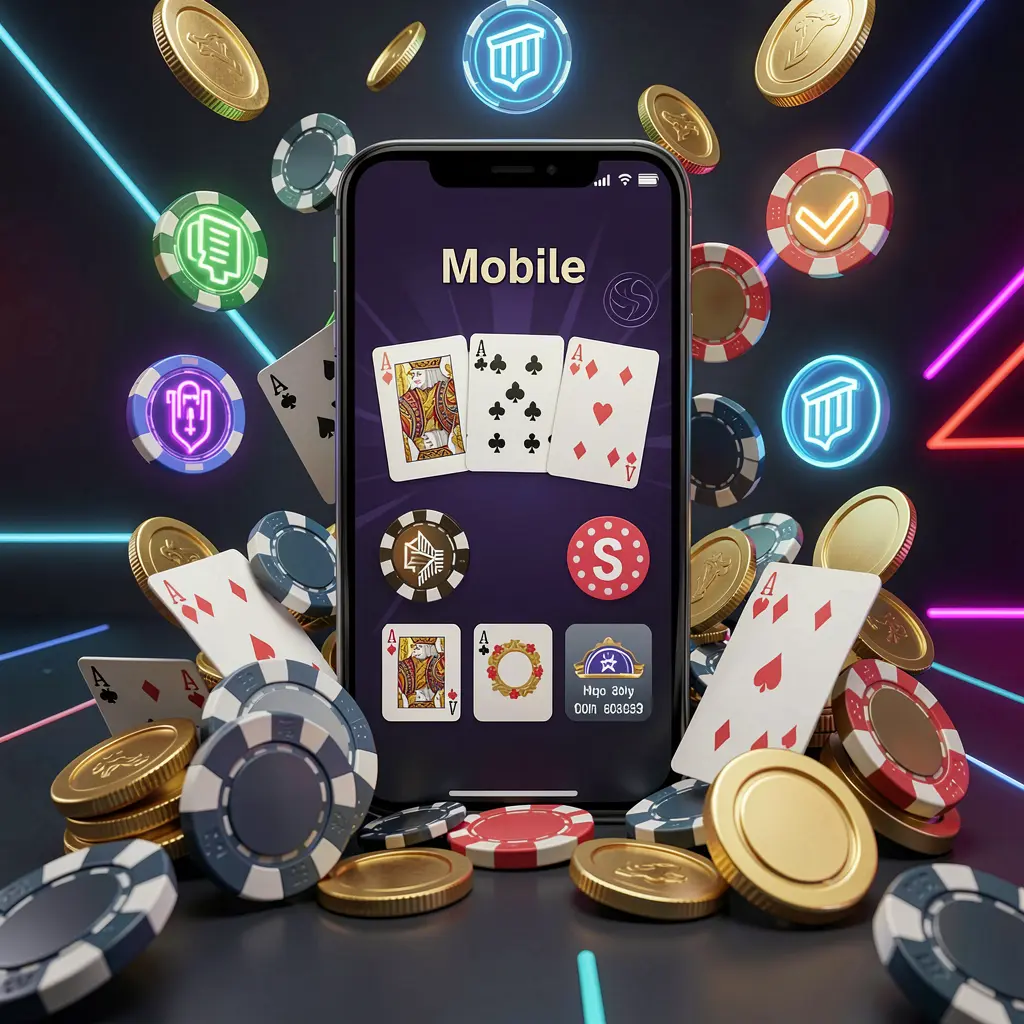 RM5555 mobile casino homepage concept showing a smartphone surrounded by golden coins, chips, cards, and glowing icons on a modern dark background with neon accents